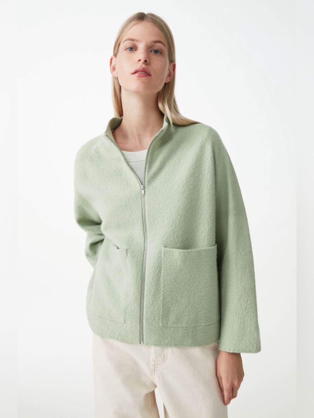 COS Boiled Wool Light Sage Zip-Front Teddy Jacket S